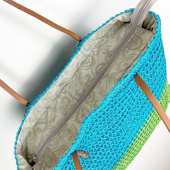Raffia Blue Green Zip Top Tote Bag - Picture 4 of 7